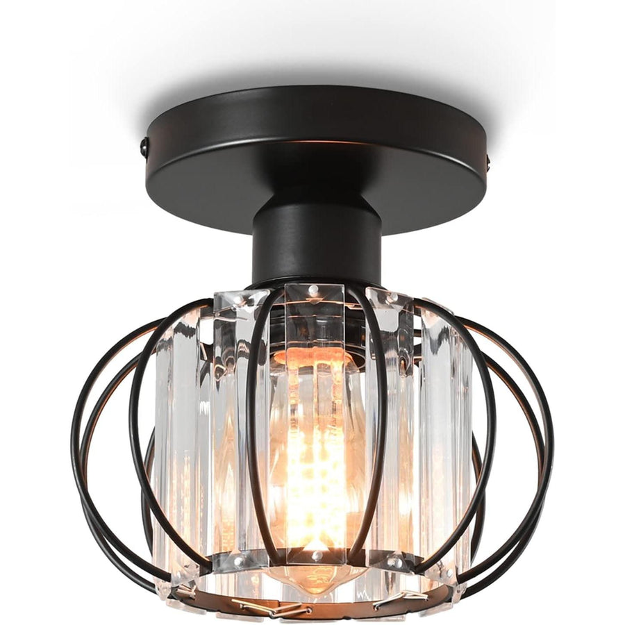 A vintage-style black metal ceiling light fixture with a clear crystal cover, designed for E27 bulbs.