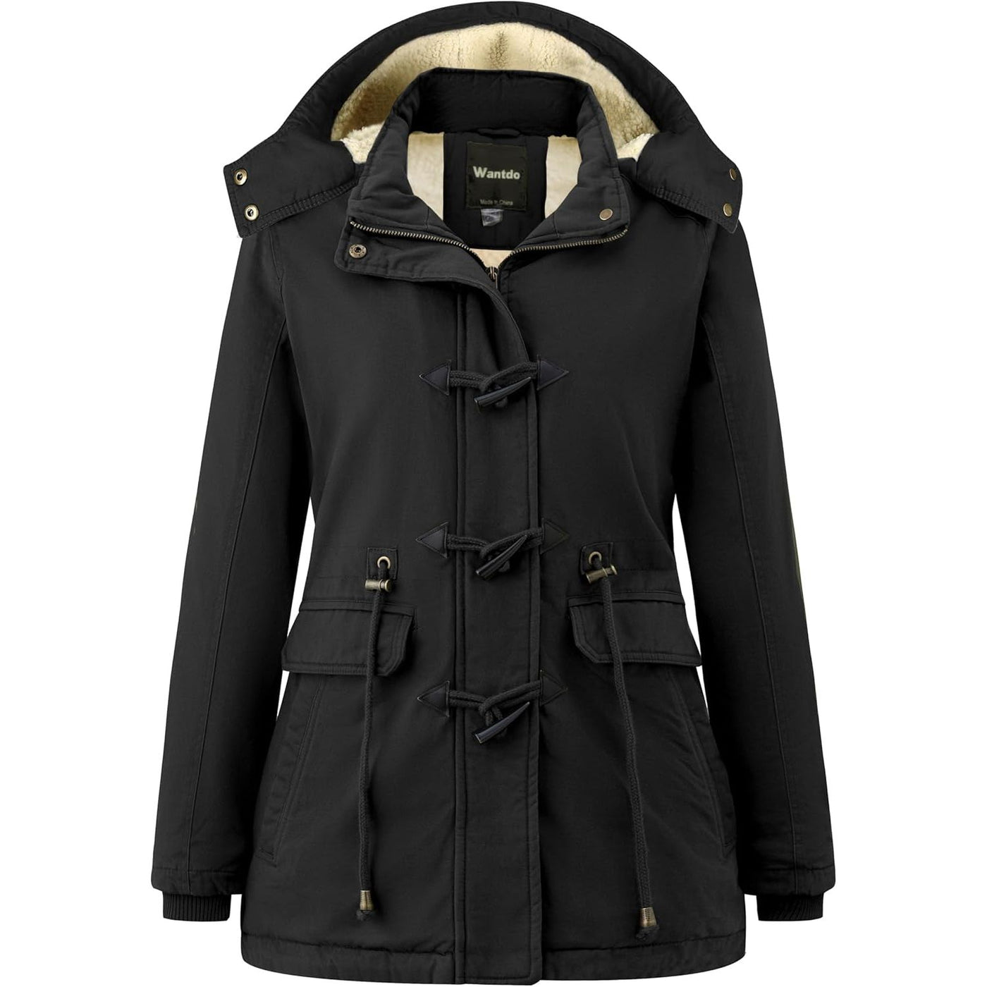Black parka coat with beige lining on a white background