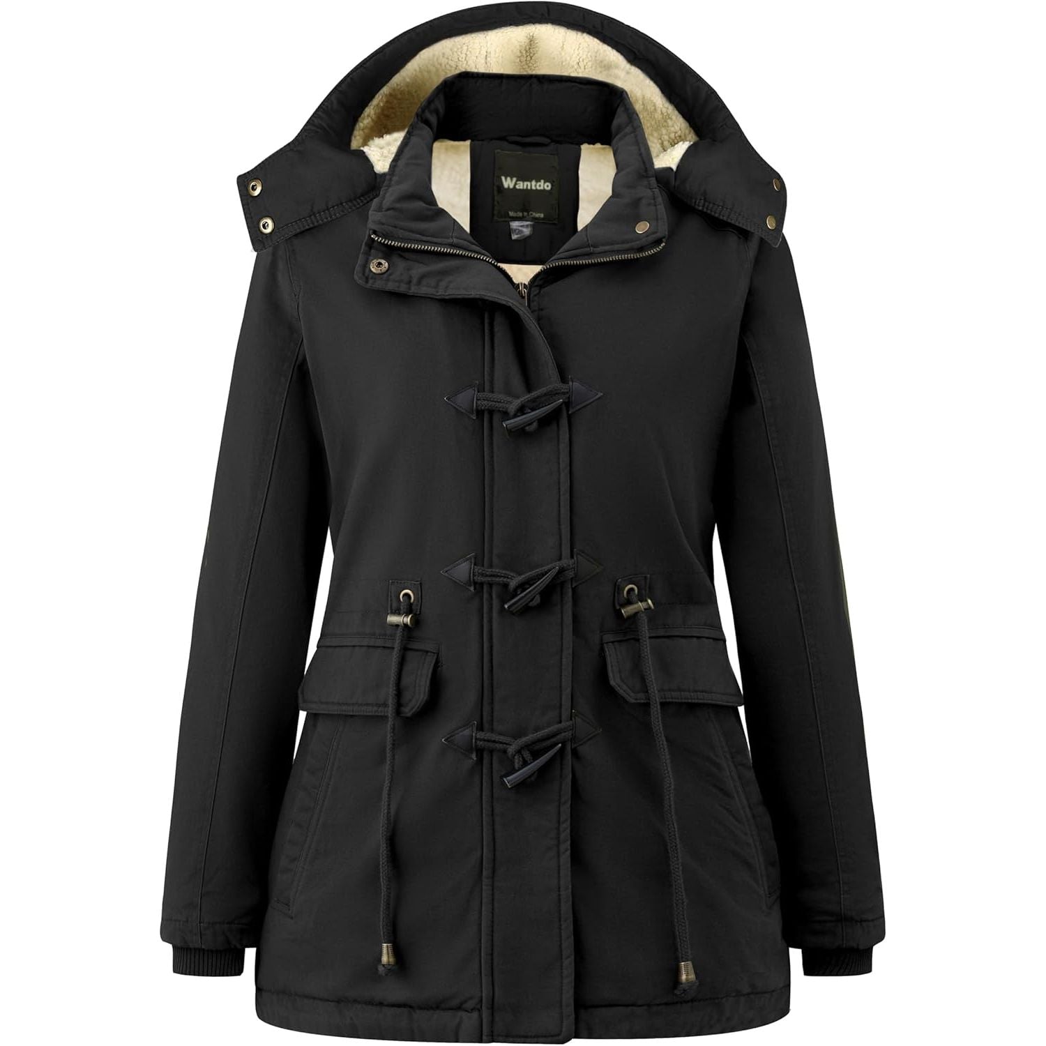 Black parka coat with beige lining on a white background