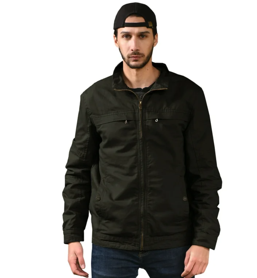 Man wearing a black jacket and cap on a white background