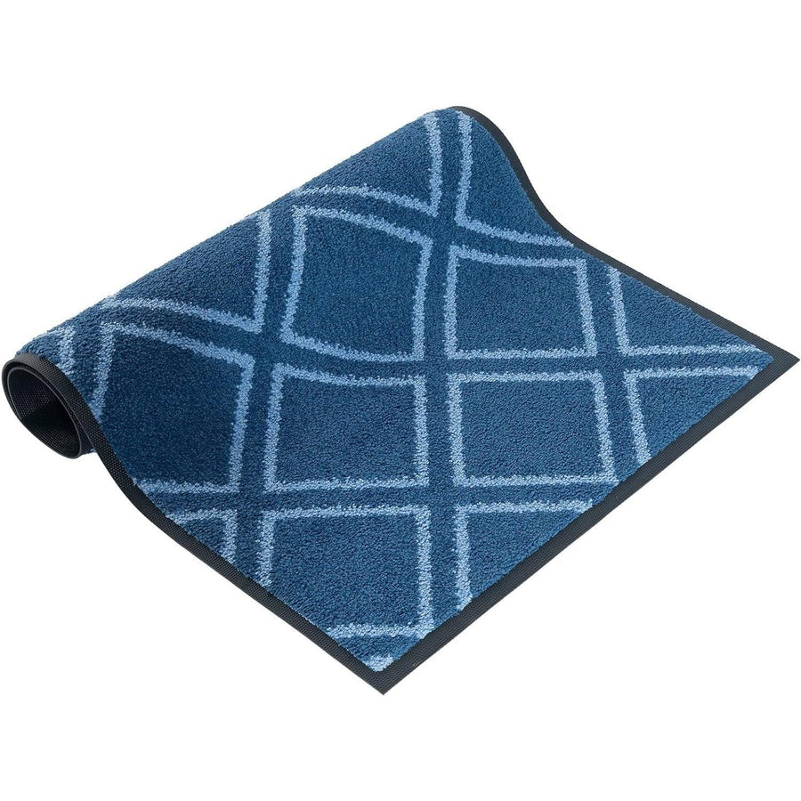 A blue geometric patterned door mat designed for indoor and outdoor use.