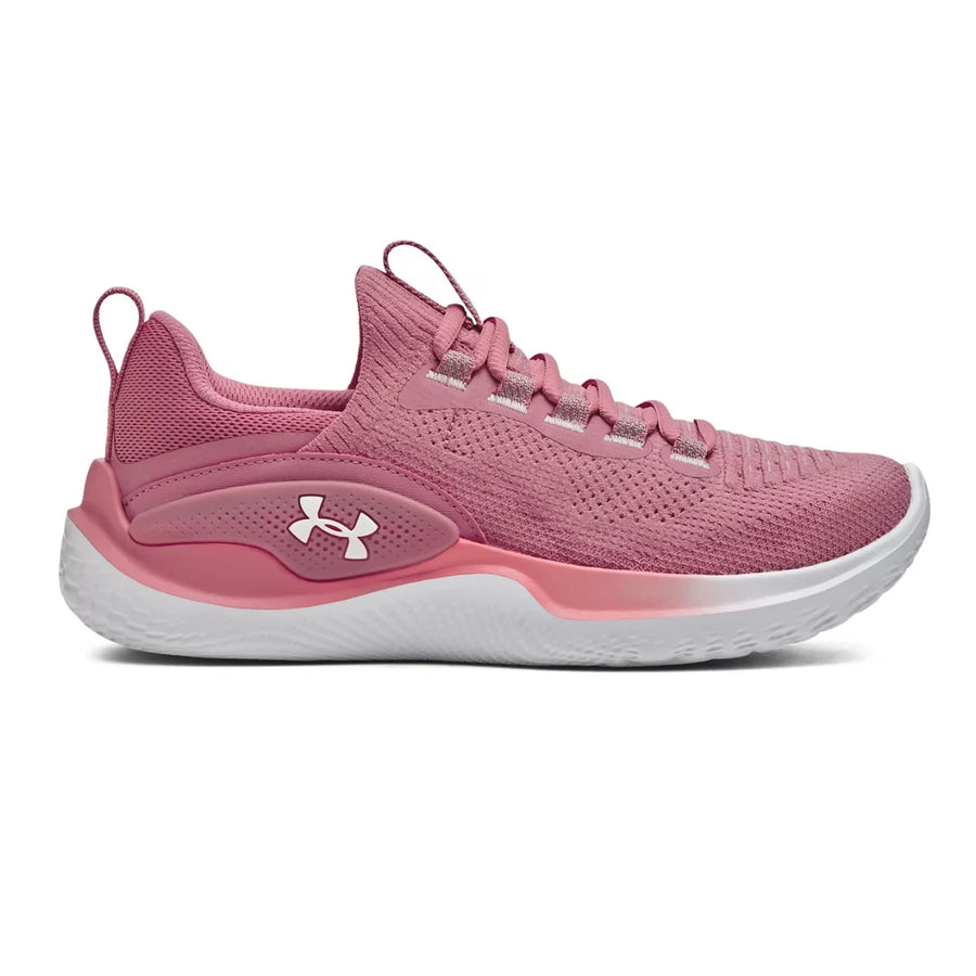 A pair of pink Under Armour Flow Dynamic women's runner trainers with lace-up closure.
