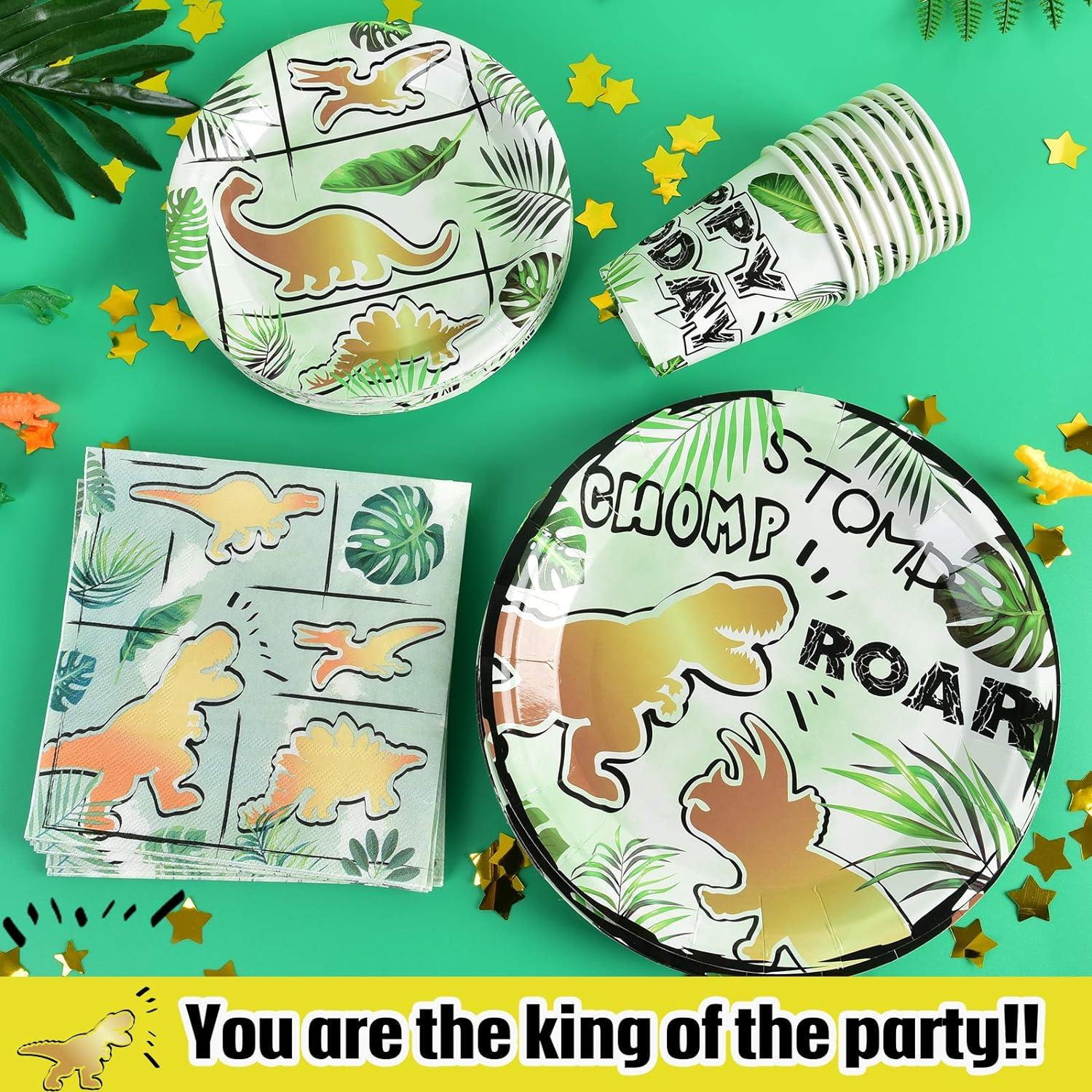 Party Tableware Set for Kids 16 Guest Birthday 66 PCS Gold Dinosaur - Massive Discounts