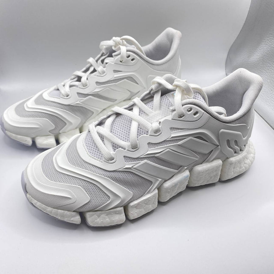 A pair of Adidas unisex white trekking/hiking shoes displayed against a neutral background.