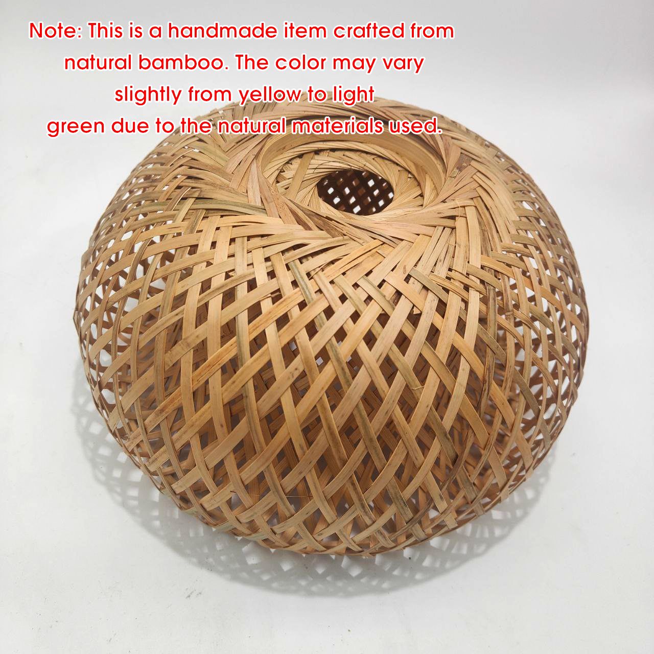 Handmade woven bamboo item on a white background with text about natural materials.