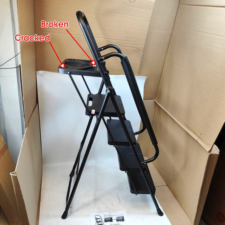 EPROSMIN 4-Step Ladder with Handrails – Folding Step Stool – Damaged Tool Tray