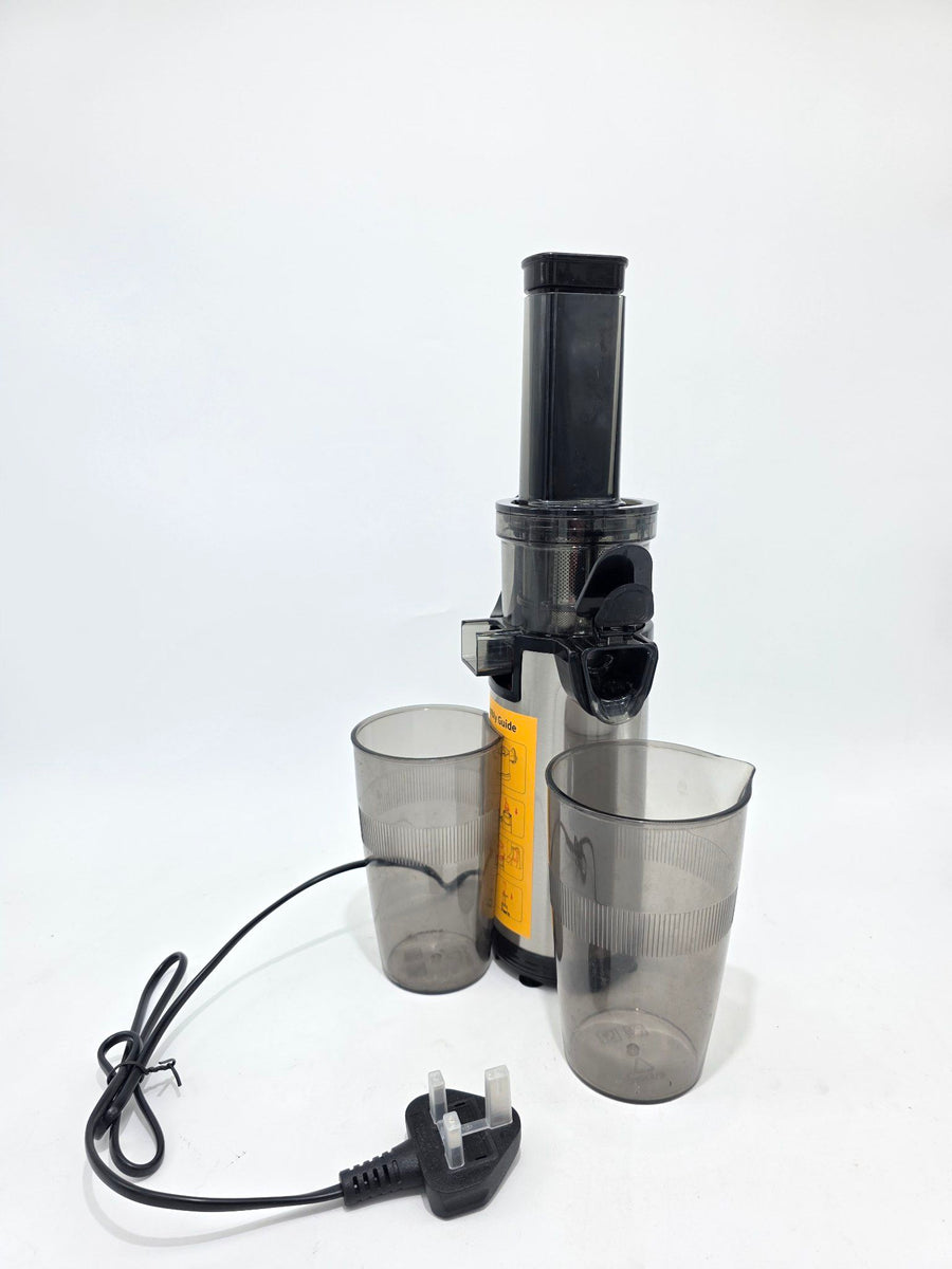 Black handheld juicer with two clear plastic cups and a power cord on a white background