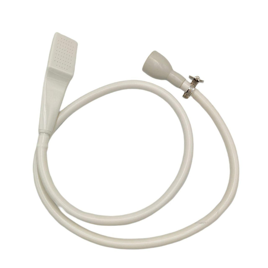 A white shower head with a hose set, designed for use with bath taps.