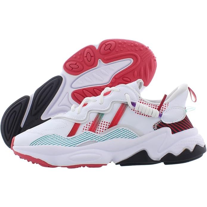 A pair of Adidas Originals Ozweego W women's casual shoes, featuring white with red, blue, and black accents, and a distinctive sole design.