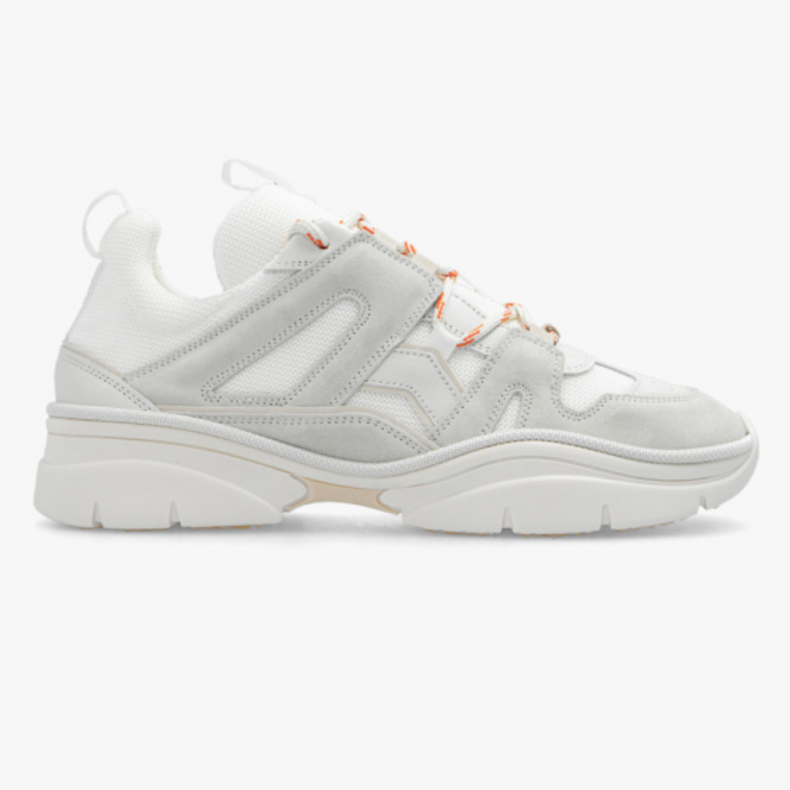 White and light grey 'Kindsay' sneakers from Isabel Marant, featuring leather and suede trims with a lace-up fastening and a rubber sole.