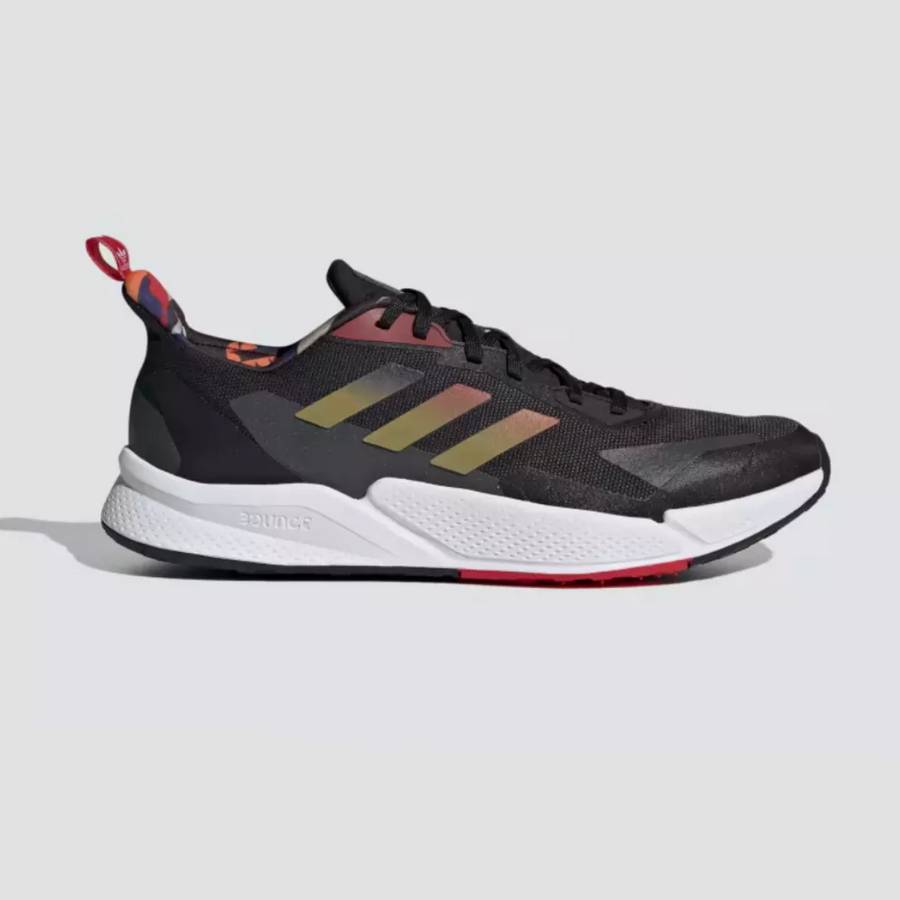 A pair of Adidas X9000l2 Marathon Running Shoes with black upper material, red and gray accents, and a white sole.