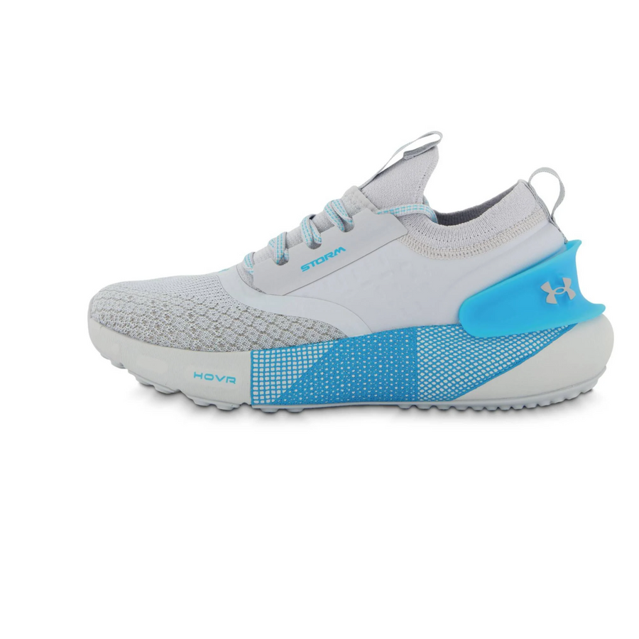 Under Armour Hovr Cushioned Phantom 3 Storm running shoe for women, in gray and blue color, with mesh upper and cushioned sole.