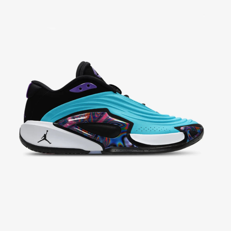 A pair of Air Jordan LUKA 3 basketball shoes for men, featuring blue, black, and white colors with a distinctive pattern on the side wall.