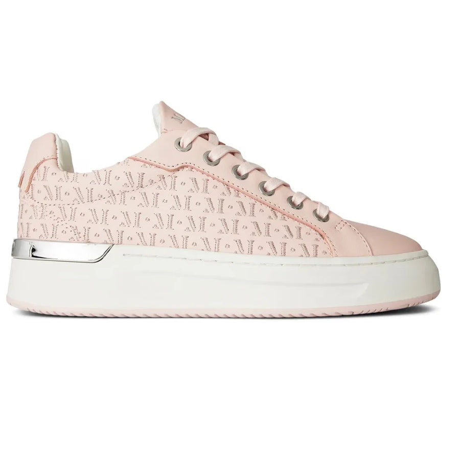 A pair of pink Mallet GRFTR Stitch Trainers for women, featuring a low-top design and chunky white sole.
