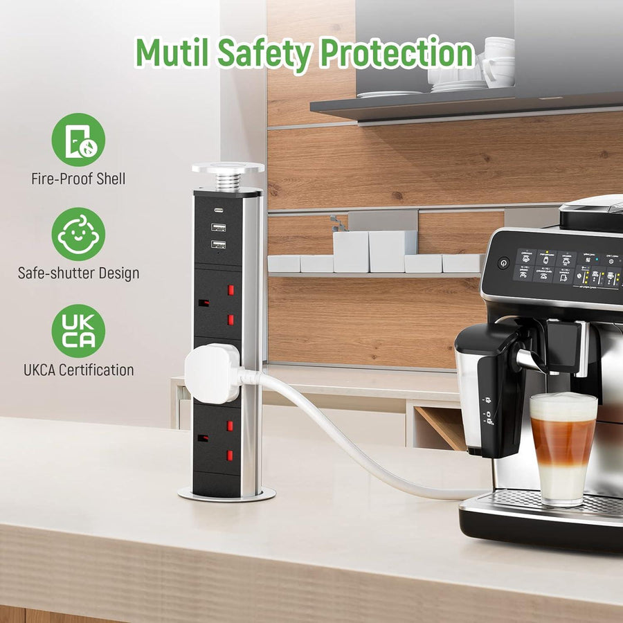 Tower Sockets Extension, 3x Plug Sockets with 1x USB C and 2 USB A ports - Massive Discounts