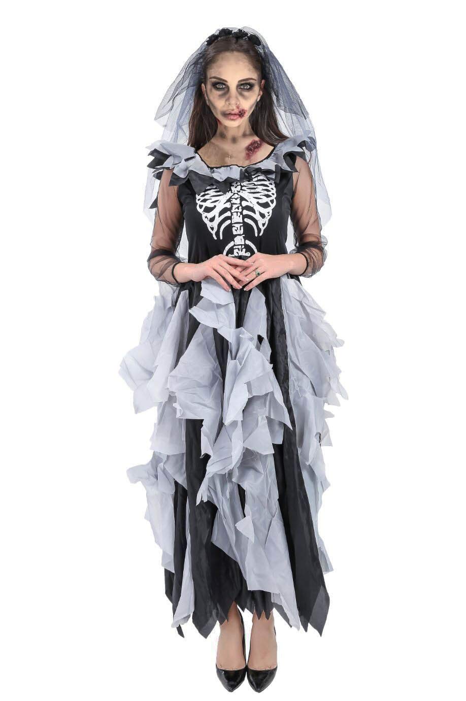 Person wearing a Halloween costume with a skeleton design on a white background