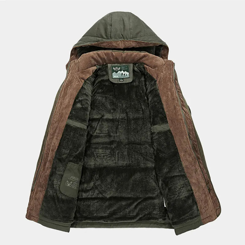 Green and brown hooded jacket with a visible brand label on a white background