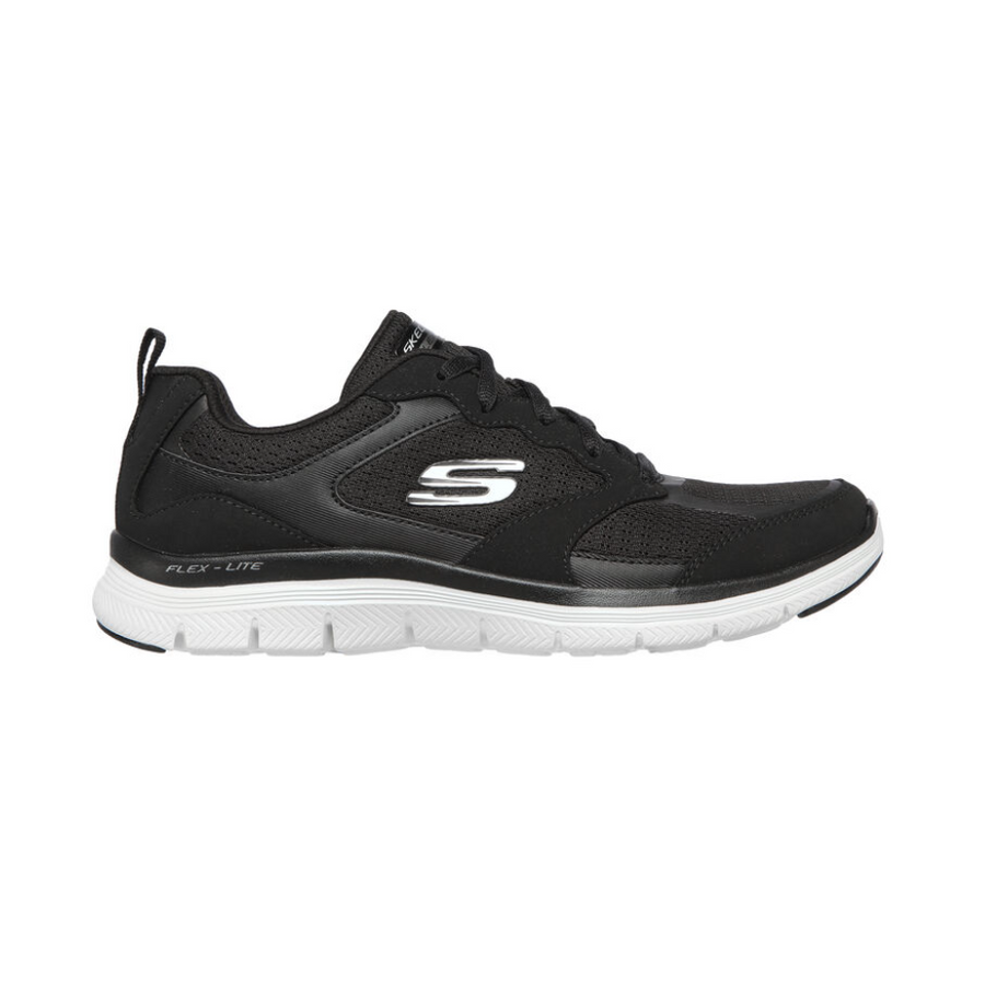 A black Skechers women's sneaker with a lace-up closure and a white sole.