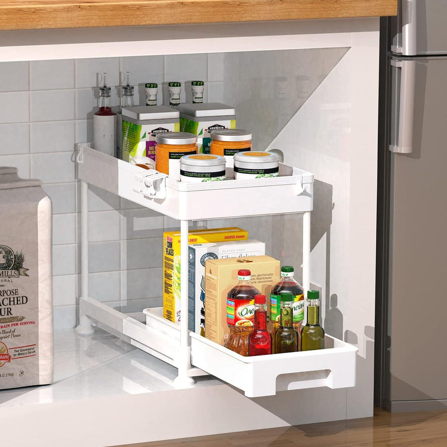 Ronlap Slide Out Storage Drawer Basket Organizer, 2 Tier with Hooks - Massive Discounts