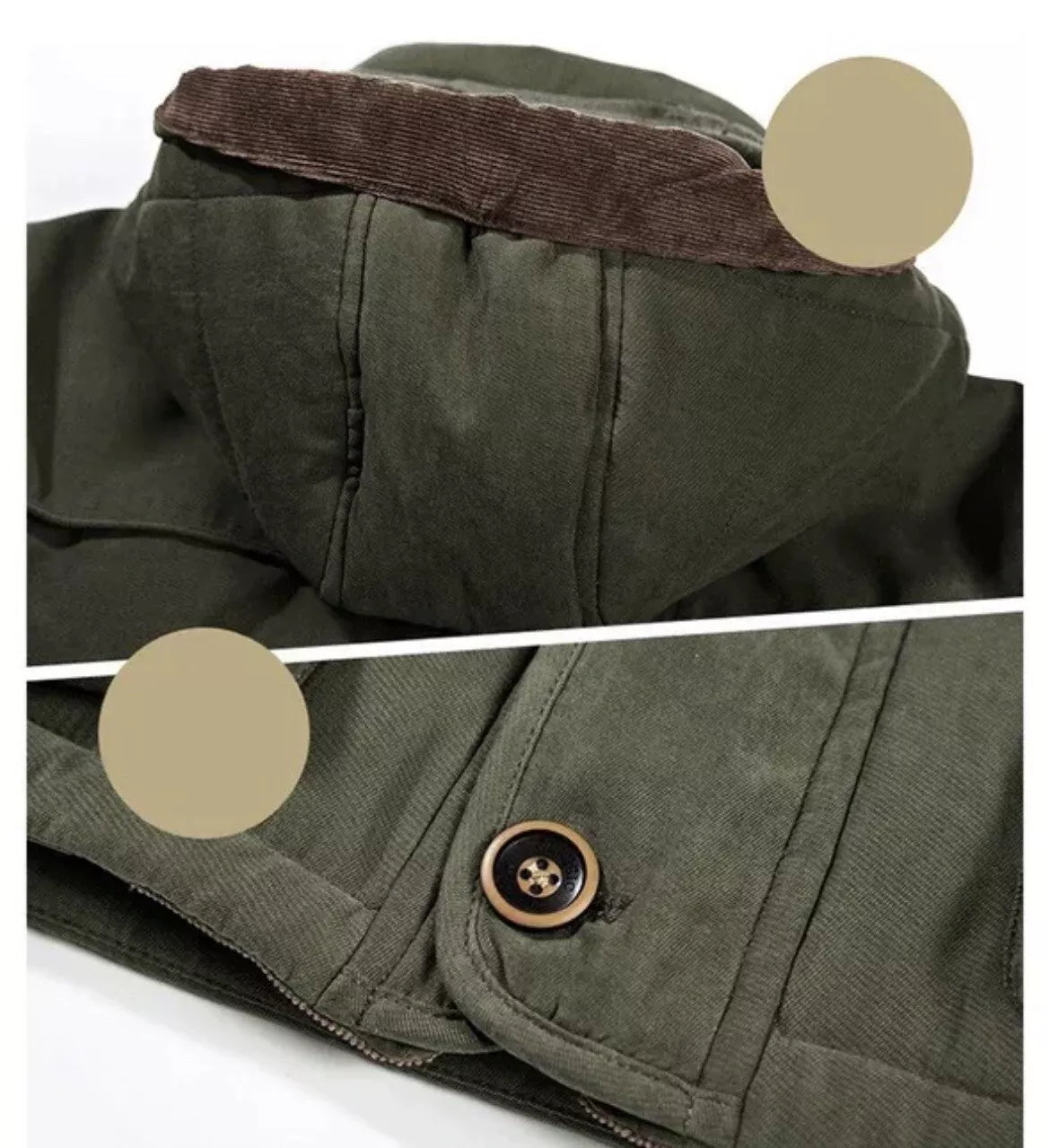 Close-up of a green jacket with a button and brown trim on a white background