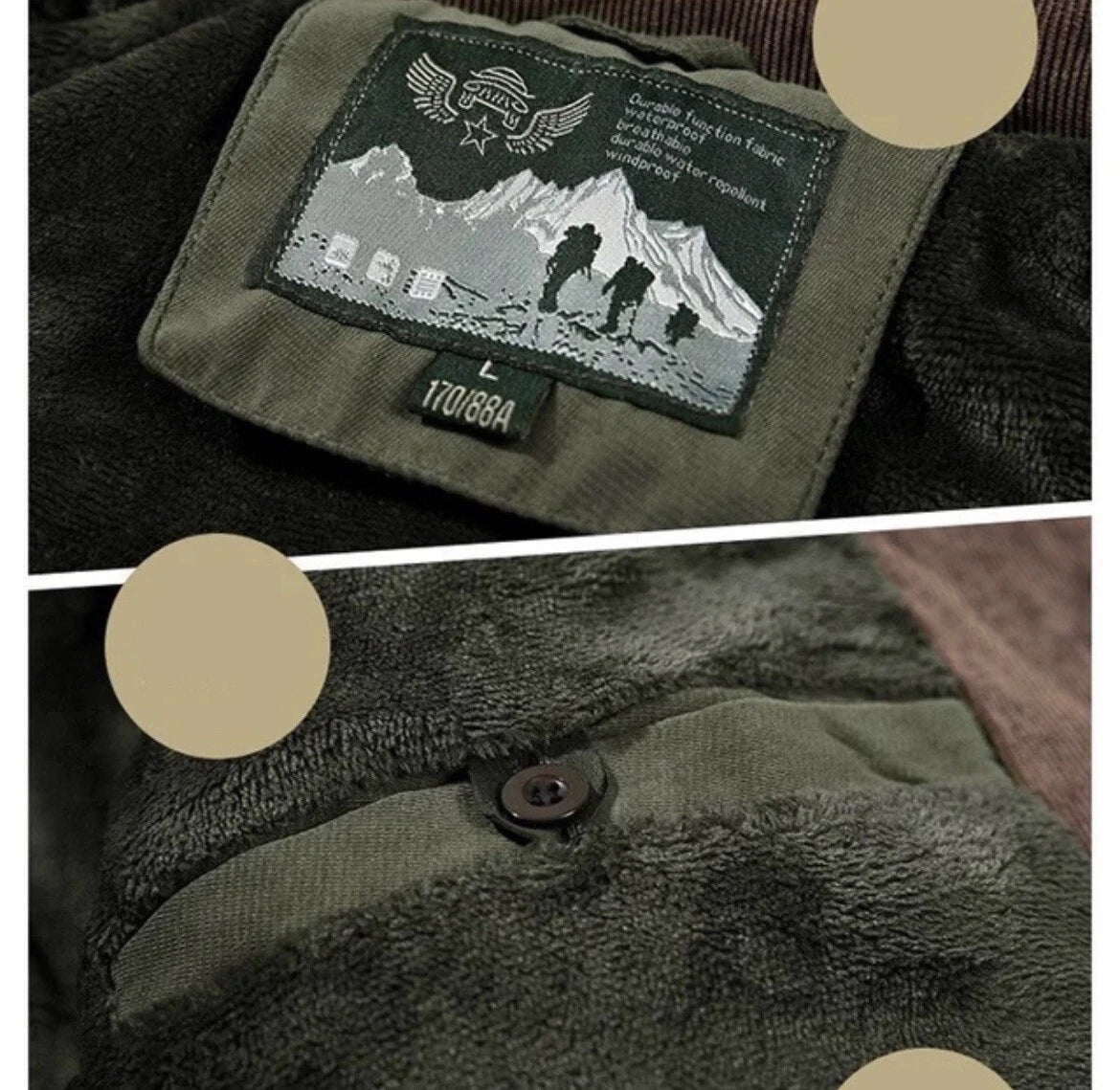 Close-up of a green jacket with a mountain patch and button details.