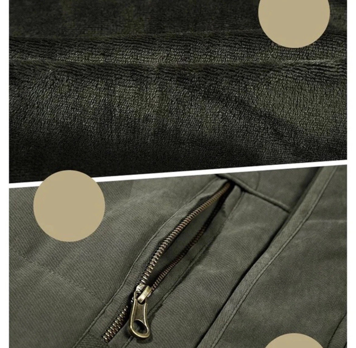 Close-up of a textured fabric surface and a zipper on a green jacket.