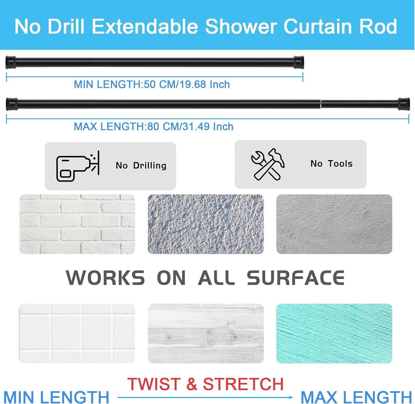 Shower Pole Extendable No Drill, 110-200Cm Rod, Diameter:25mm - Massive Discounts