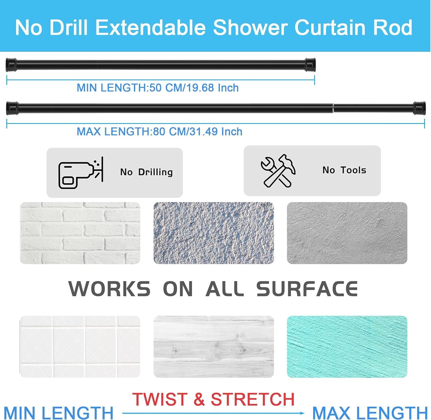 Shower Pole Extendable No Drill, 110-200Cm Rod, Diameter:25mm - Massive Discounts