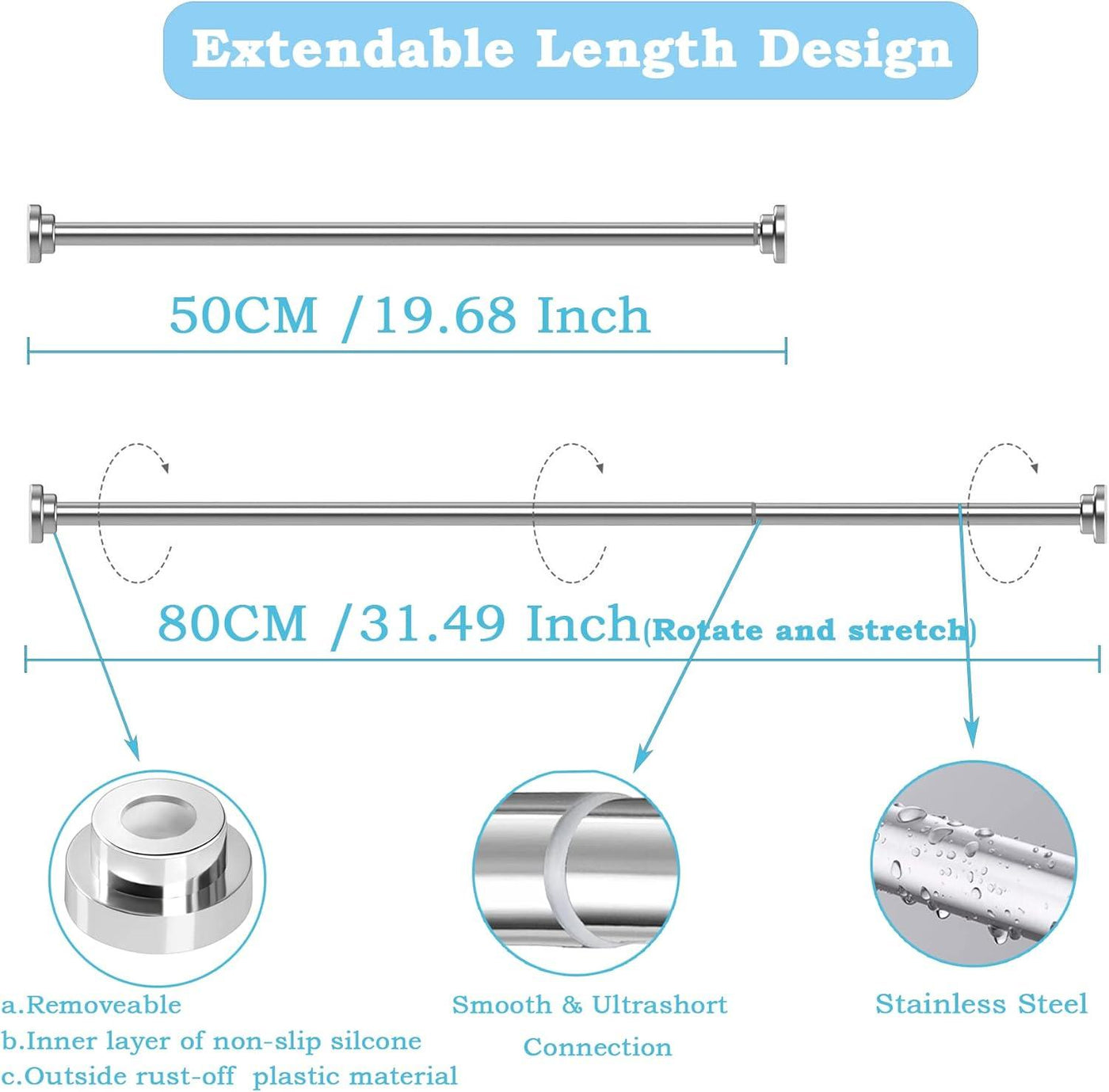Shower Rail Extendable Adjustable Curtain Poles 50-80cm Curtain Pole - Massive Discounts