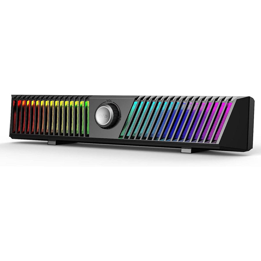 A Smalody Bluetooth speaker with dynamic RGB LED lights in multiple colors, featuring a knob on the front for control and a microphone hole on the side.