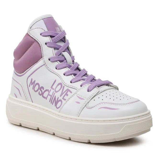 White sneaker with purple accents and 'Love Moschino' branding on a white background
