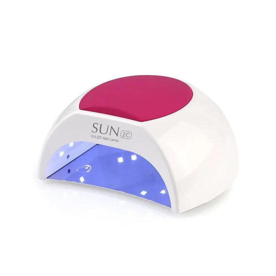 A SUN2C branded UV nail lamp with a red top and white base, designed for gel polish curing, featuring a timer and multiple light settings.