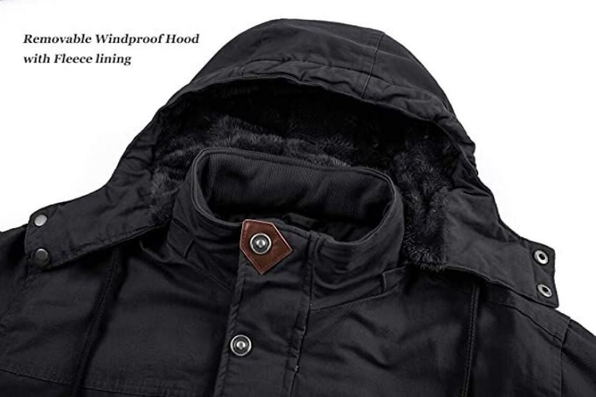 Black jacket with a removable windproof hood and fleece lining on a white background