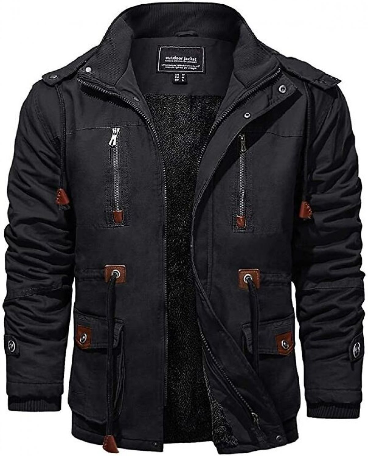 Black jacket with multiple pockets and zippers on a white background