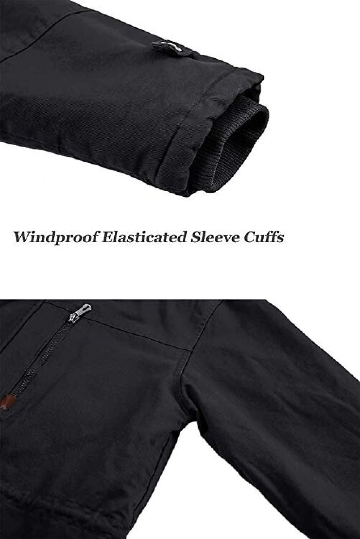 Black jacket with windproof elasticized sleeve cuffs on a white background