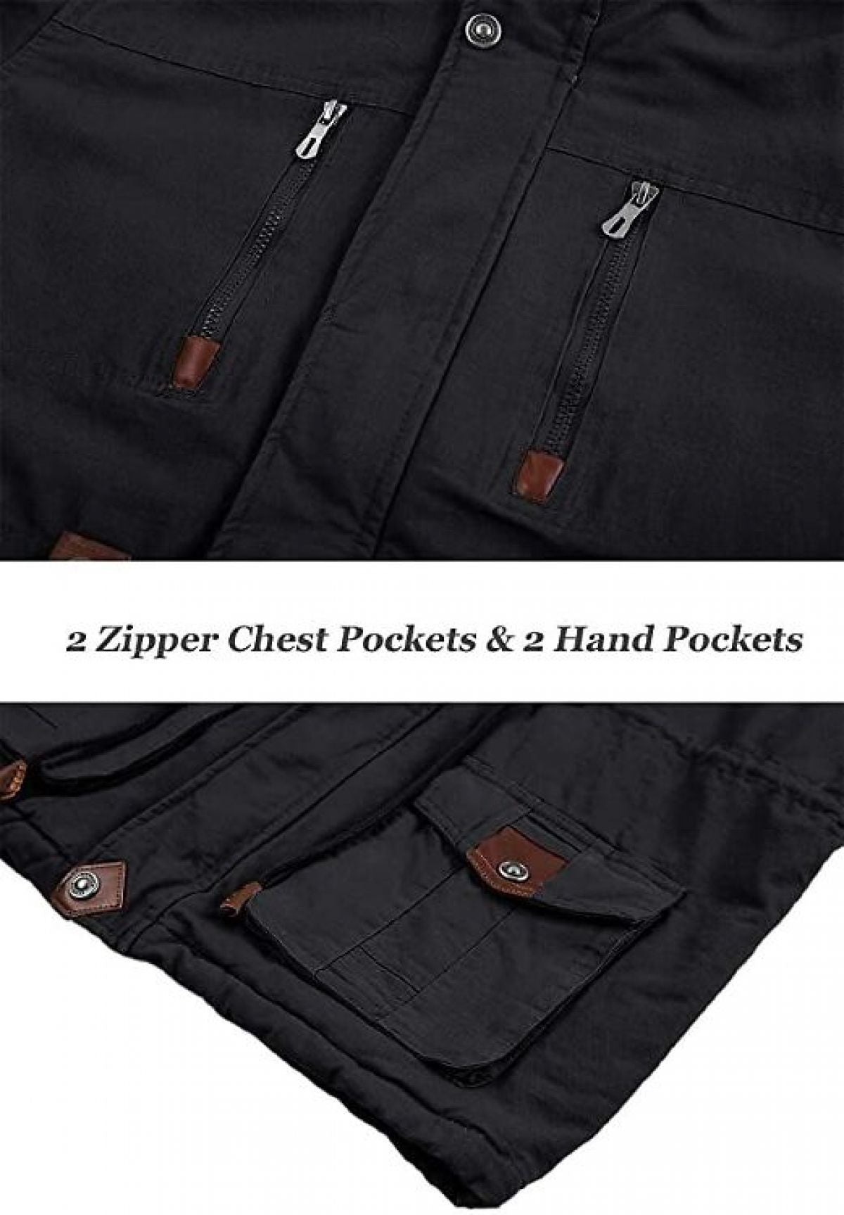 Black pants with zipper chest pockets and hand pockets on a white background