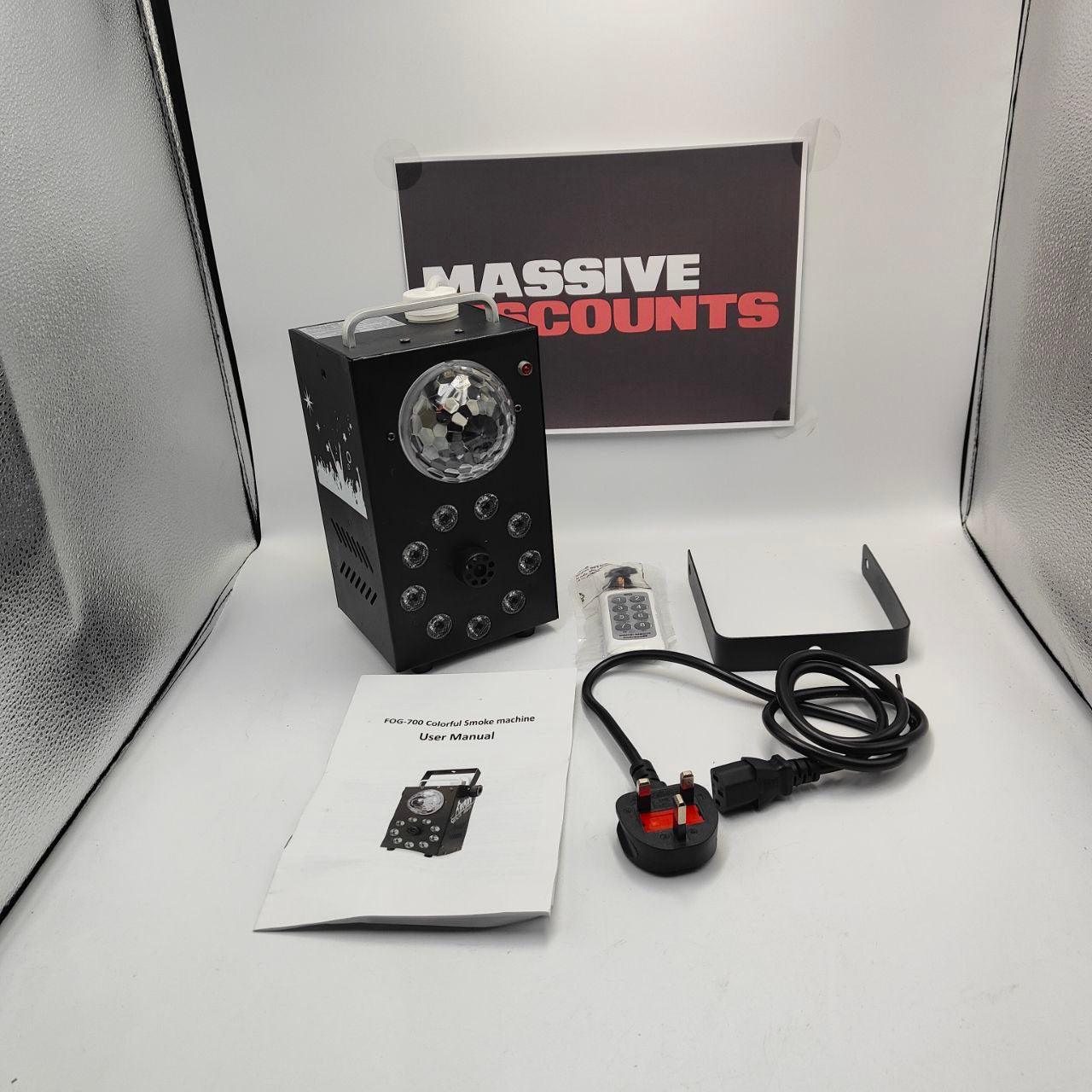 A black UKing brand fog machine with 9 RGB LED and disco ball lights, along with a remote control, displayed on a white background.