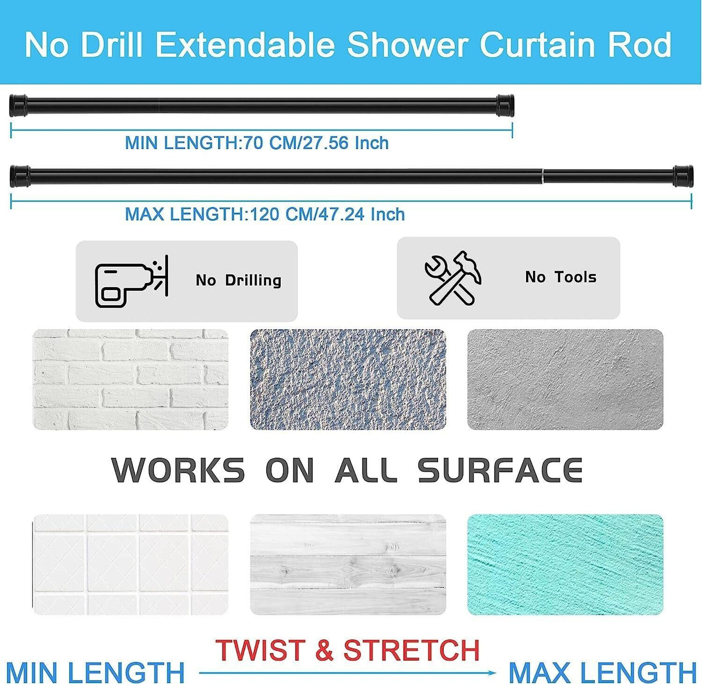 1PC No Drill Curtain Pole 110-200cm Shower Pole Extendable Bathroom - Massive Discounts