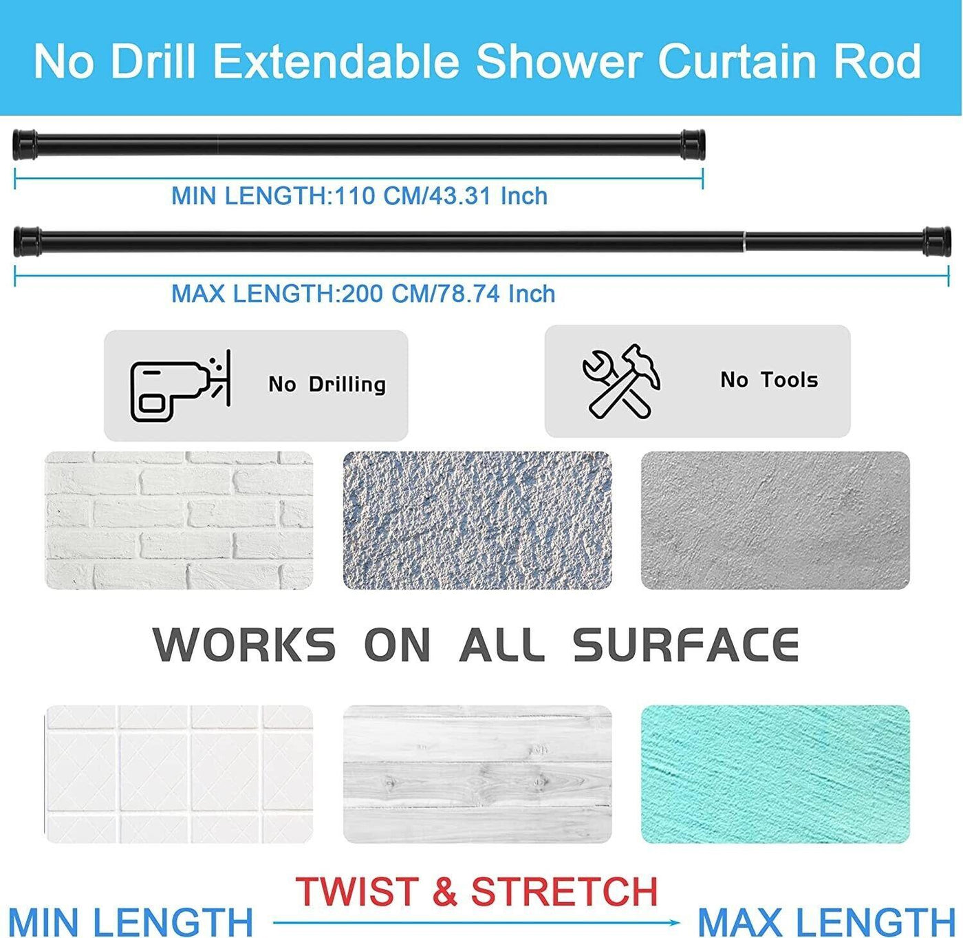 2PCS Shower Curtain Rods No Screws Extendable Curtain Poles 50-80cm - Massive Discounts