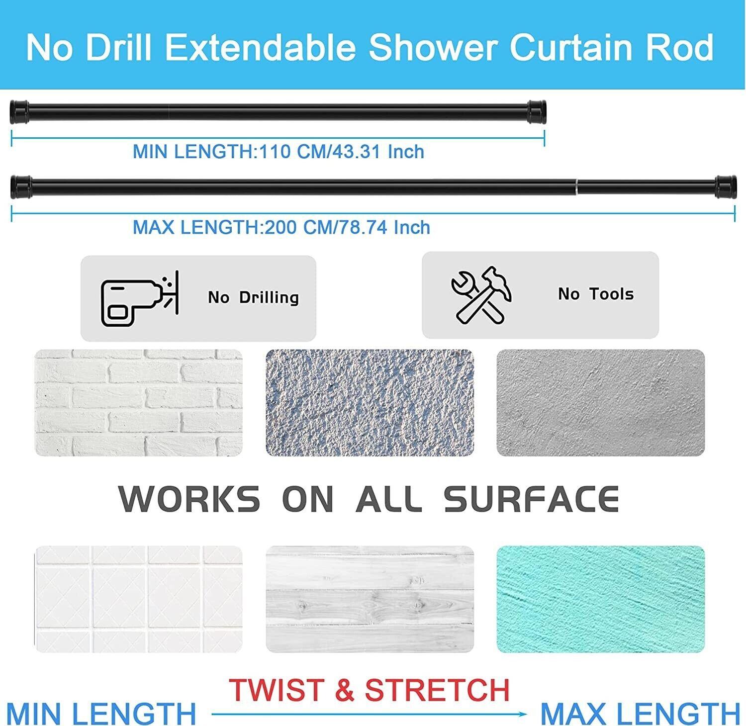 2PCS Shower Curtain Rods No Screws Extendable Curtain Poles 50-80cm - Massive Discounts