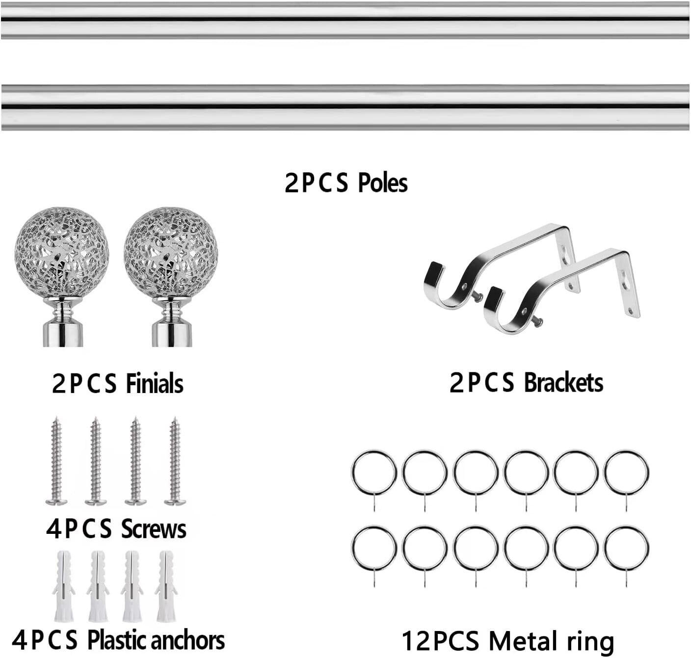 Curtain Poles Mosaic ball finials Extendable Set 70 to 120cm Chrome - Massive Discounts