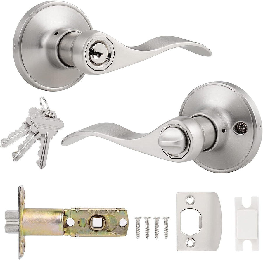 A satin nickel door handle with lock and key, including a keyhole cover and mounting hardware.