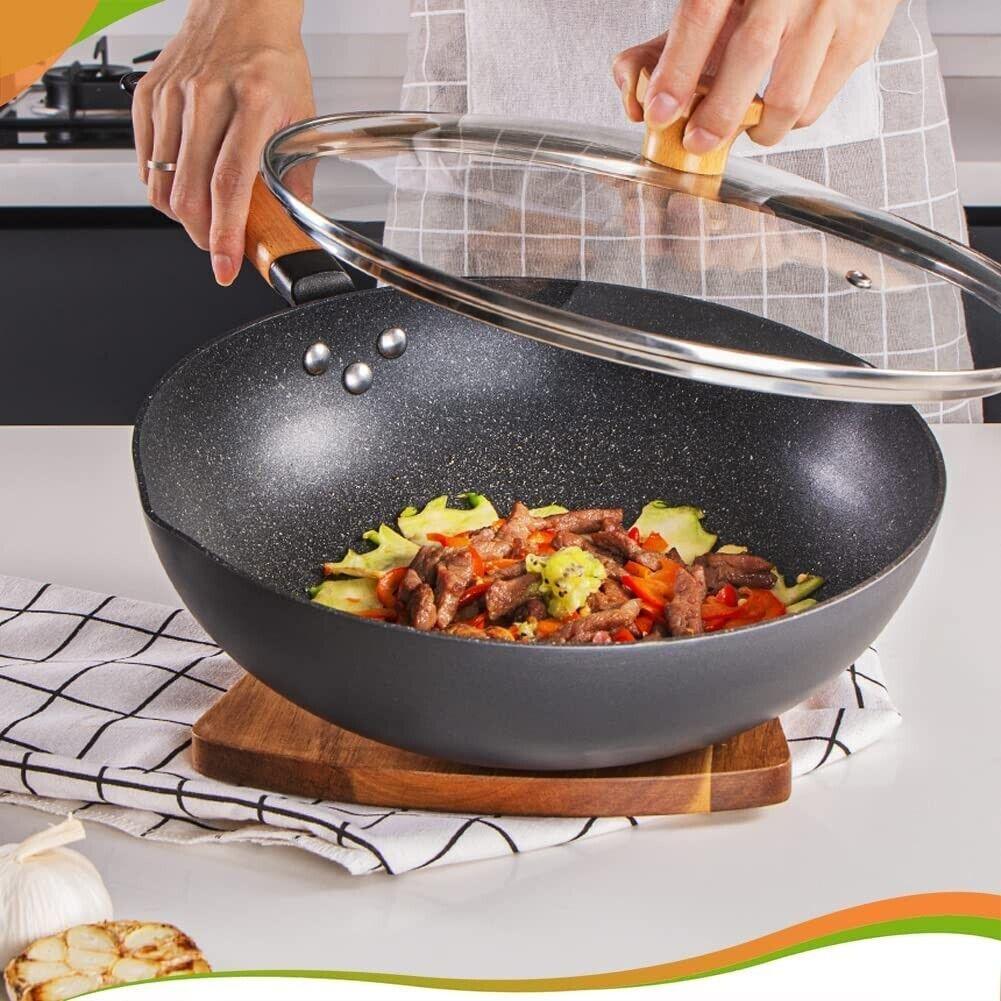 Nonstick Wok Pan 30cm Induction, 100% PFOA-Free, Fry Pan with Lid - Massive Discounts