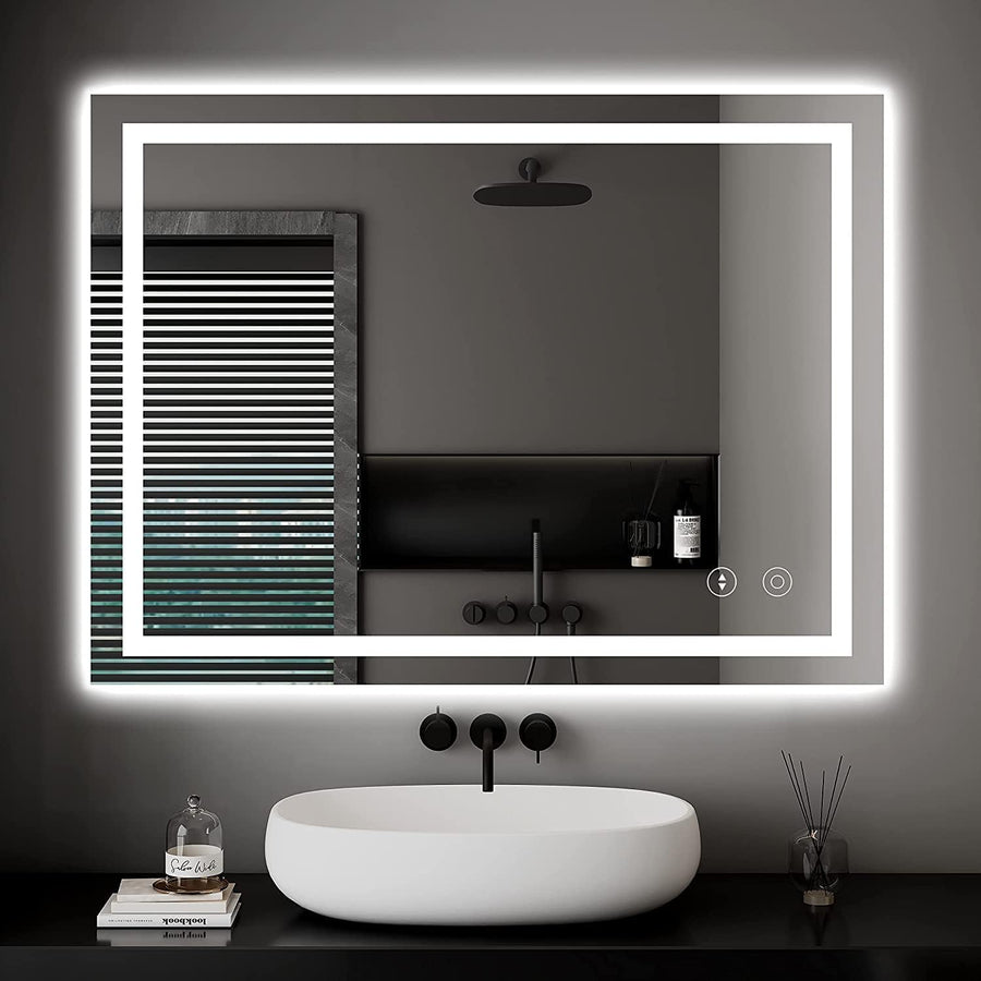 Backlit dimmable LED bathroom mirror with demister