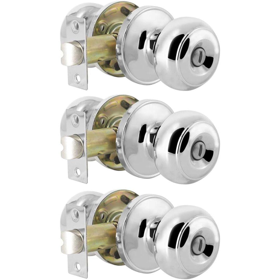 Probrico Polished Chrome Privacy Door Knobs - Stainless Steel Keyless, 3 Pack