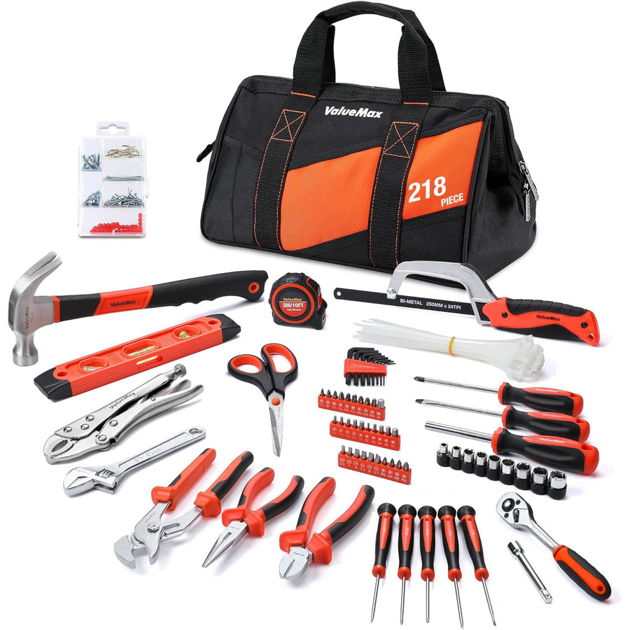 ValueMax 218PC Home Tool Kit | 13-Inch Bag, Pliers, Sockets, Wrench, Screwdrivers