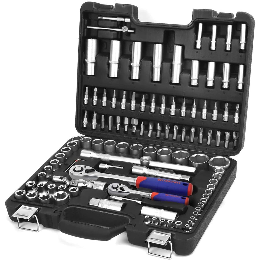 WORKPRO 108-Piece Socket Set | 1/4in & 1/2in Drive, Quick Release Ratchet, CR-V Tools