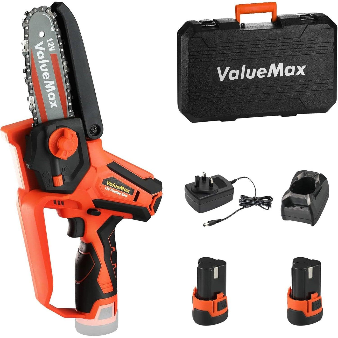 ValueMax Mini Chainsaw 4in Cordless, 12V, 3 Batteries, Quick Charger