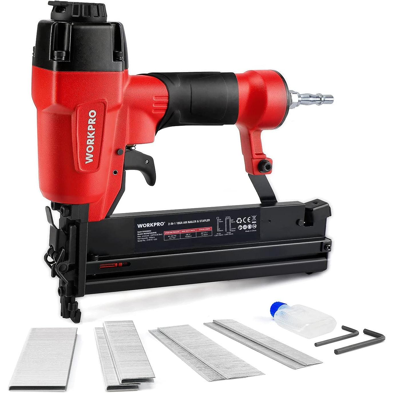 WORKPRO 2-in-1 Air Brad Nailer & Stapler, 50mm, 400 Nails & 300 Staples