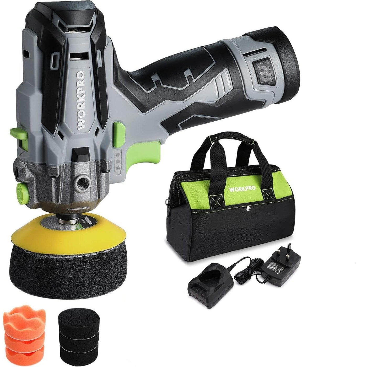 WORKPRO 12V Cordless Buffer Polisher Kit, 2 Batteries, Variable Speed